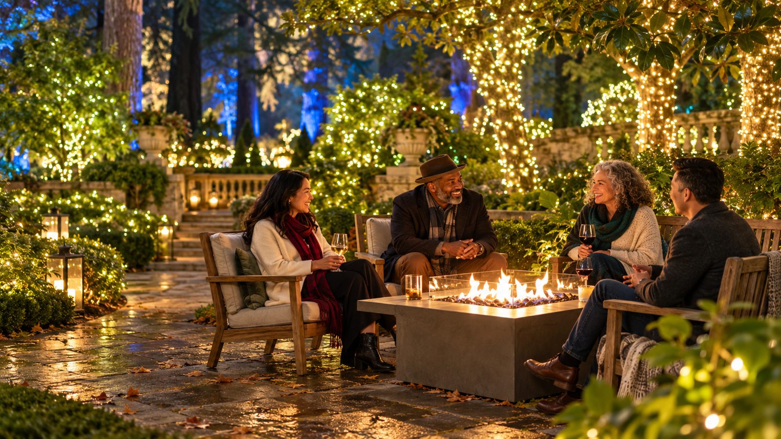 Four adults gather around a glowing fire pit in a garden filled with twinkling holiday lights and illuminated redwood trees.